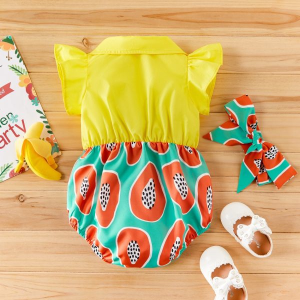 2-piece Baby Fruit Allover Splice Flutter-sleeve Rompers with Headband